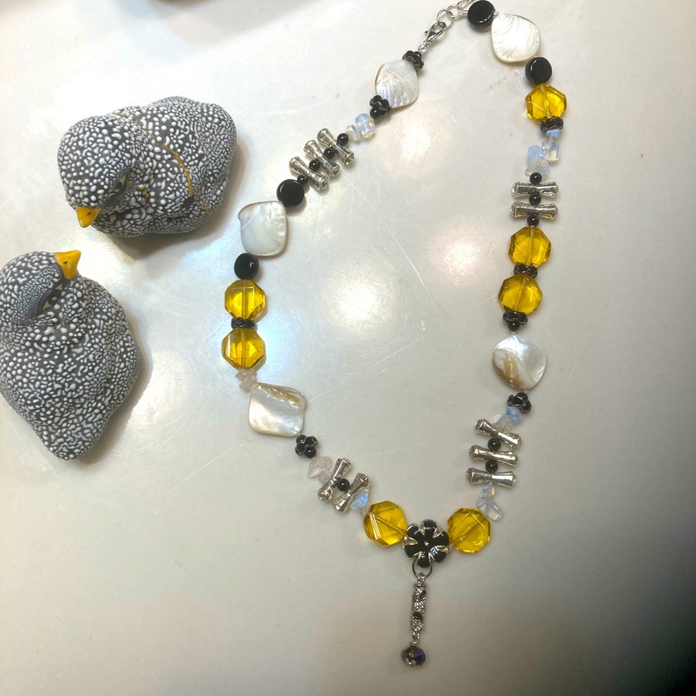 Yellow Bead, Off-White Shell Bead, Black Agate Bead Necklace